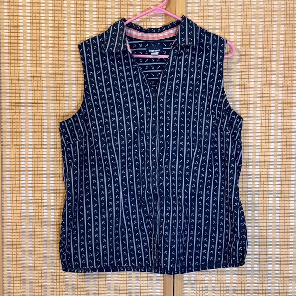 Basic Editions Womens XL Navy Blue Anchor Stripe Sleeveless Button Down Shirt